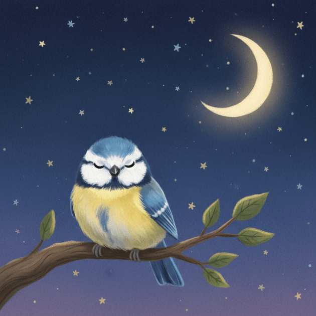 A charming, soft illustration of a blue tit (mésange bleue) perched on a branch at night, eyes half-closed, surrounded by stars and a crescent moon. Warm, cozy, gentle style — like a children's book illustration. Pastel colors with a dark blue night sky background.